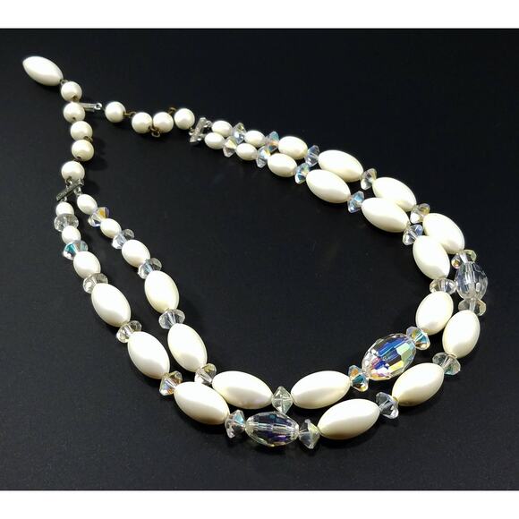 Vintage Austrian Crystal Necklace Double Strand Lucite Beads 1950s Wedding - Picture 10 of 10